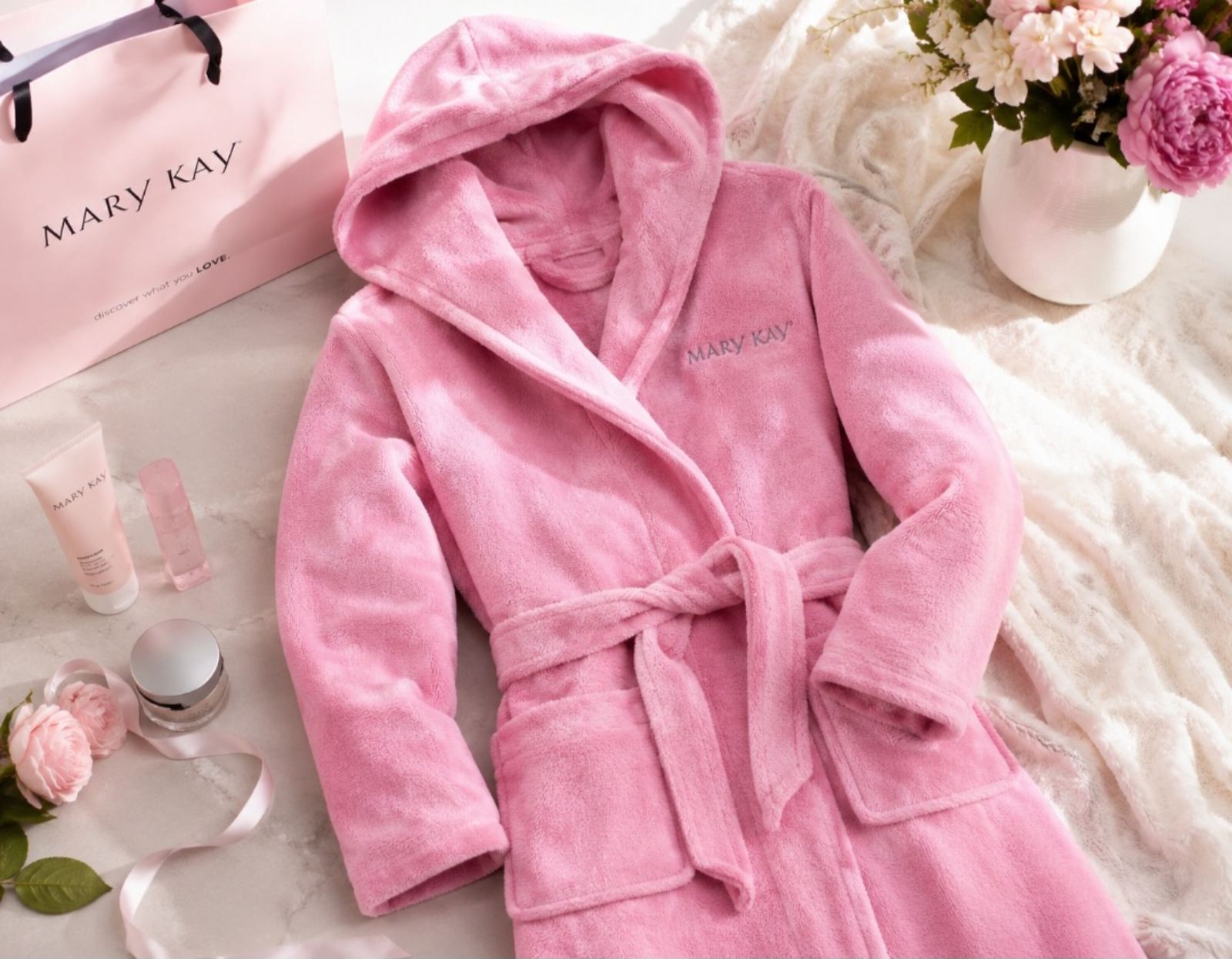 MARY KAY – Dámský plyšový župan s kapucí (růžový)